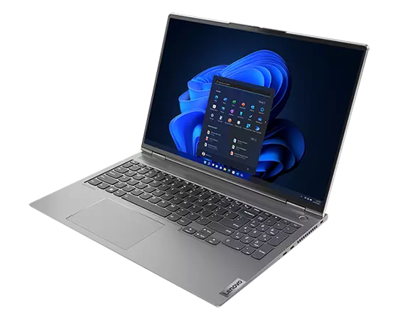 Front facing ThinkBook 16p Gen 3 (16" AMD) laptop, opened 90 degrees at a slight angle, showing keyboard, display with Windows 11, and ports