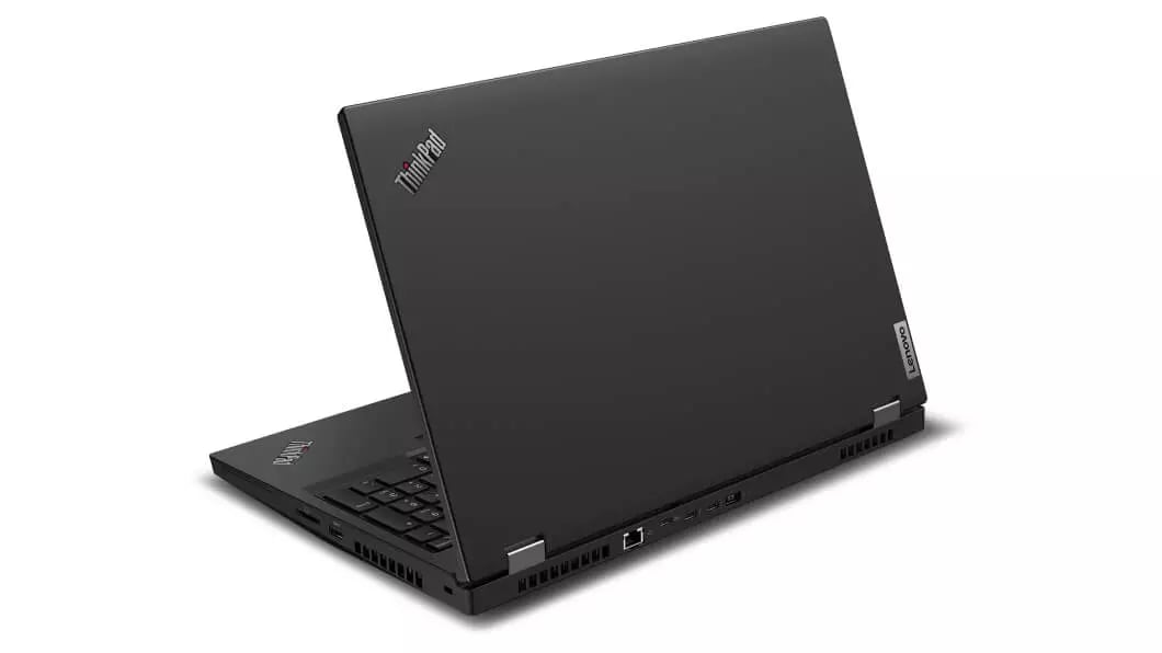 Rear view of Lenovo ThinkPad P15 laptop angled slightly to show left side ports 
