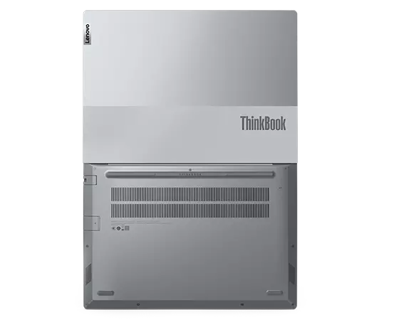 Backside of Lenovo ThinkBook 14 Gen 4+ laptop open 180 degrees, lying flat.