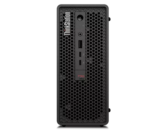 Front-facing Lenovo ThinkStation P360 Ultra workstation positioned vertically, showcasing ports on front panel.