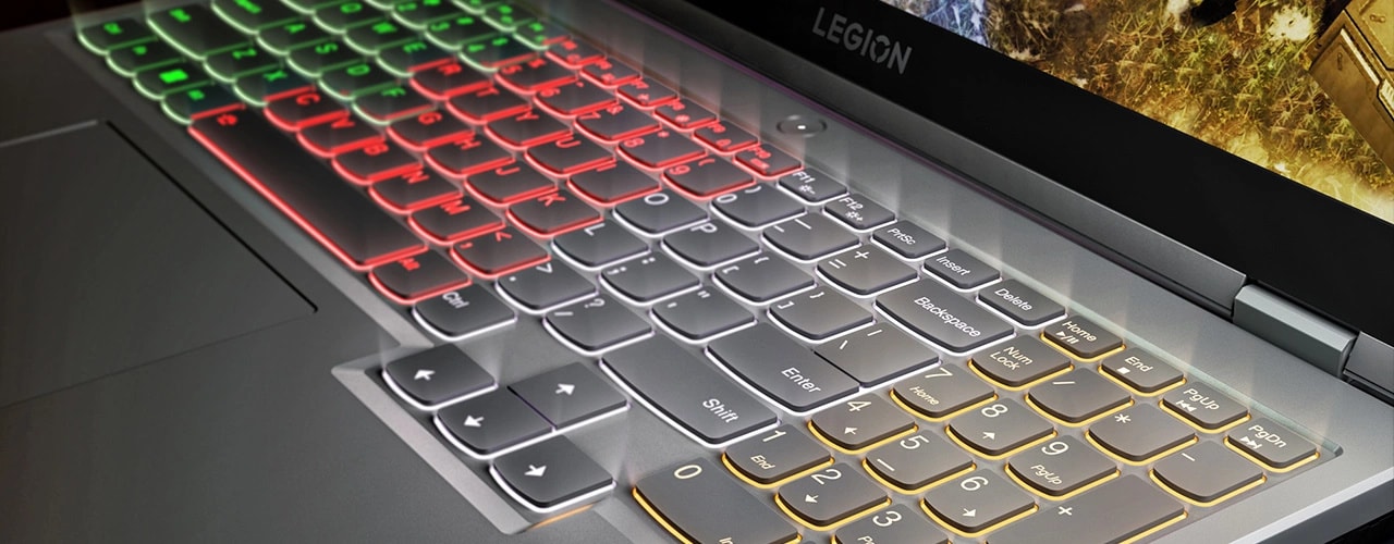 Legion 5 Gen 7 (15″ AMD) closeup of zoned RGB keyboard lighting