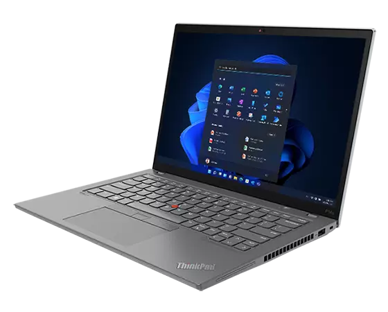 Side view from the front of ThinkPad P14s Gen 3 mobile workstation, opened, showing display and keyboard.