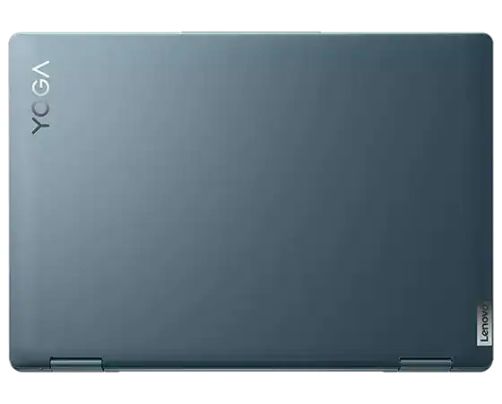 View of top casing of Lenovo Yoga 7i Gen 7 (14” Intel) 2-in-1, closed, showing Lenovo + Yoga logos