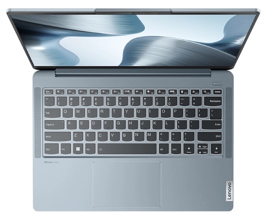Bovenaanzicht van Lenovo IdeaPad 5i Pro Gen 7 laptop-pc in Stone Blue, met toetsenbord.