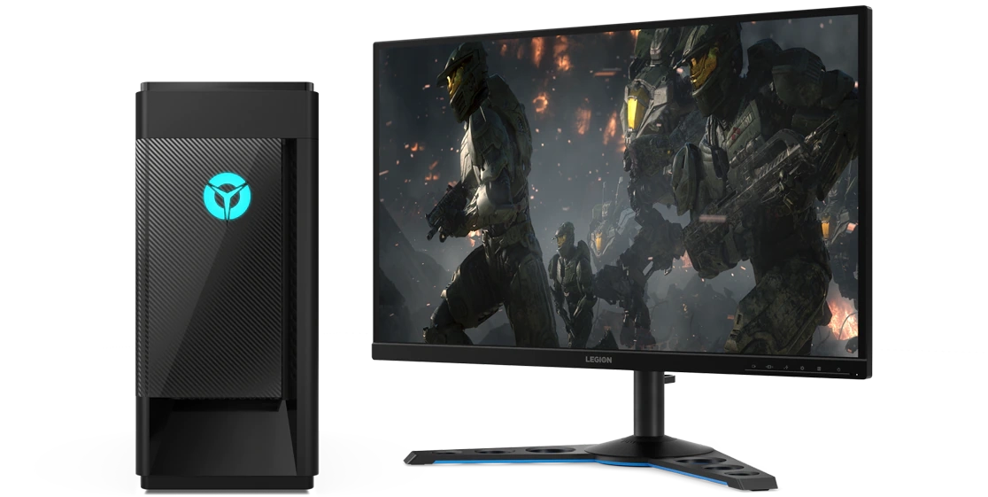 A Lenovo Legion Tower 5i, alongside a standalone monitor showing fighters in action