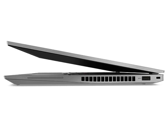 Left-side view of ThinkPad P16s mobile workstation, slightly opened, showing left-hand side and ports