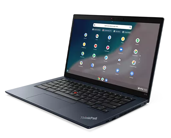 Right side view of ThinkPad C14 Chromebook Enterprise, opened 90 degrees, showing display, keyboard, and ports