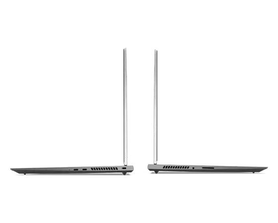 Deux portables Lenovo ThinkBook 16p Gen 2 (16'' AMD) dos à dos, vues latérales gauche et droite, avec capots ouverts