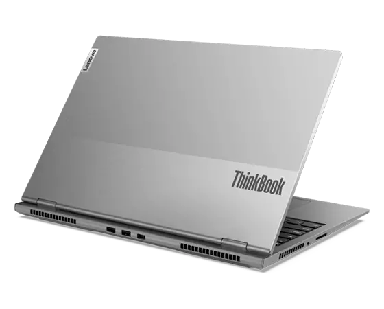 Portable Lenovo ThinkBook 16p Gen 2 (16'' AMD), vue arrière gauche de trois quarts, capot partiellement ouvert