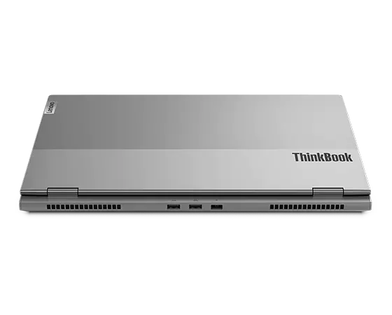 Portable Lenovo ThinkBook 16p Gen 2 (16'' AMD), vue arrière légèrement de dessus, capot fermé