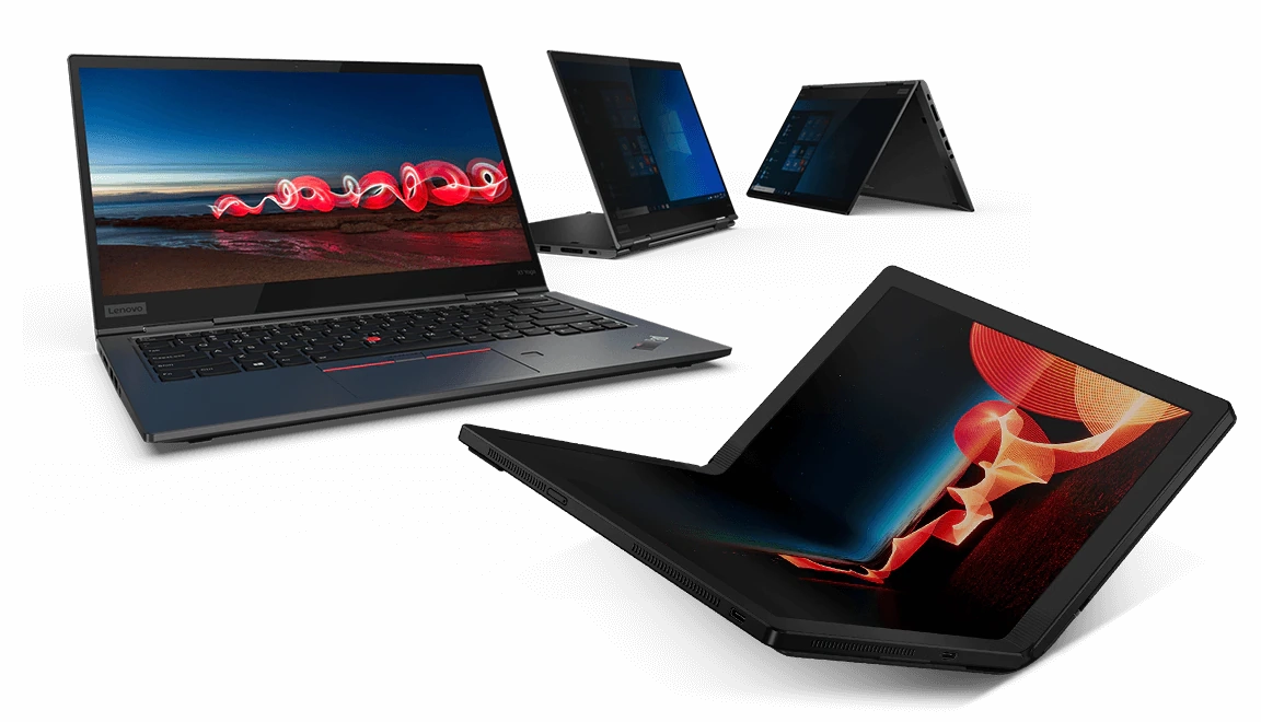 ThinkPad X1 family featuring an X1 Fold laptop, X1 Carbon laptop and two X1 Yoga laptops in tent and stand mode
