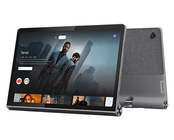 Zwei Lenovo Yoga Tab 11 Tablets – Schrägansicht der versetzt angeordneten Vorder- und Rückseiten, die Vorderansicht zeigt eine Unterhaltungs-App mit der Sendung ''Tenet'', die zum Abspielen bereit ist