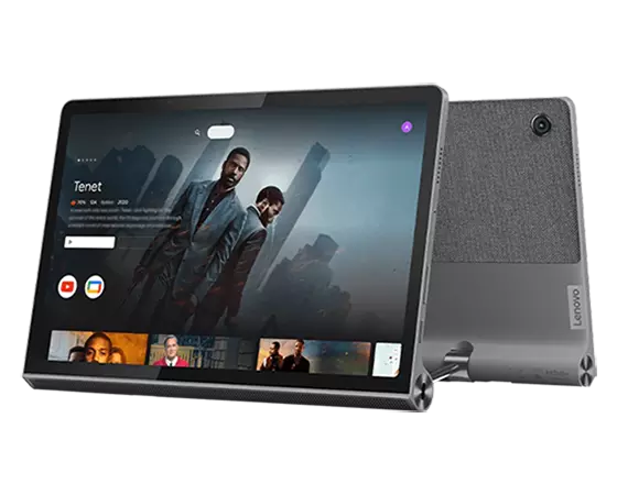 Två Lenovo Yoga Tab 11-surfplattor – förskjutna bilder av fram- och baksidan där framsidan uppvisar en underhållningsapp där programmet Tenet just ska till att börja