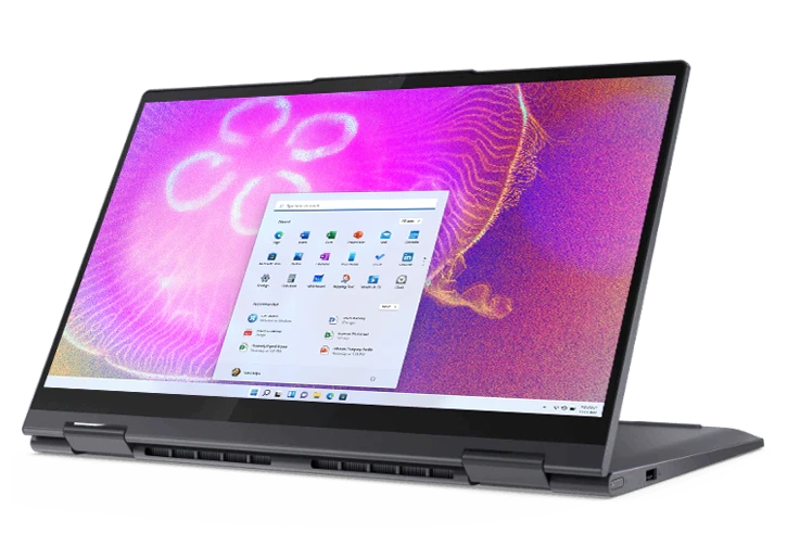 Yoga Duet 7i Gen 6 (13″ Intel) Slate Grey, facing left, right side view, Bluetooth® keyboard attached, and folio stand out
