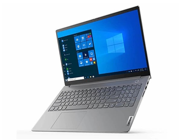 Left three-quarter view of Lenovo ThinkBook 15 Gen 2 tilted to sit on its front 