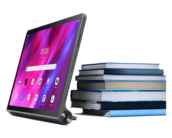 Lenovo Yoga Tab 11 tablet—3/4 right-front view, propped up in front of a stack of books, with home screen and app icons on the display