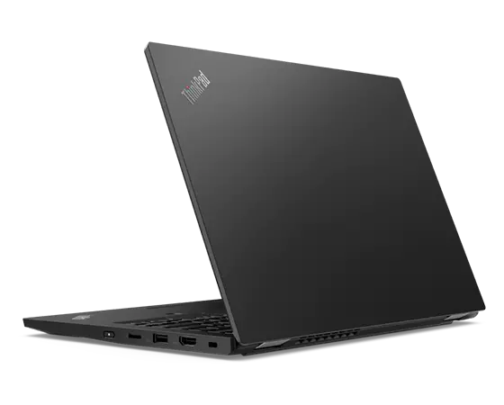 Rear left three-quarter view of black Lenovo ThinkPad L13 Gen 2