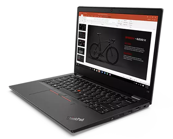 Right top front angle view of the ThinkPad L13 Gen 2 (13'' AMD) laptop, open 90 degrees with a PowerPoint slide featuring a bicycle on the display