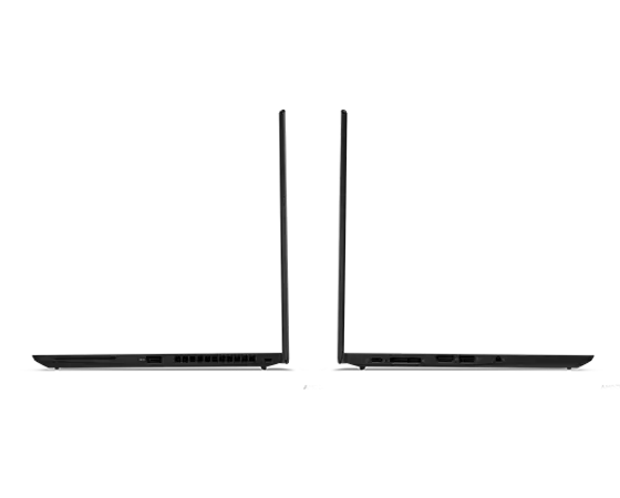 Two back-to-back Black Lenovo ThinkPad T14s Gen 2 laptops open 90 degrees.