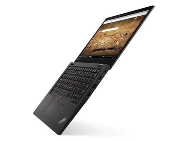 Left three-quarter view of black Lenovo ThinkPad L13 Gen 2 open 180 degrees