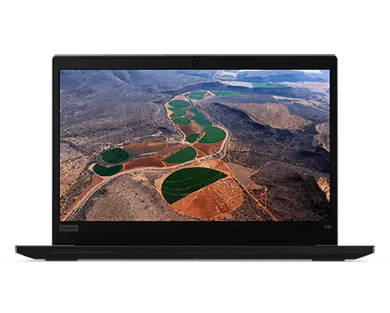 Front view of the ThinkPad L13 Gen 2 (13'' AMD) laptop, open, with an aerial landscape featured on the display.