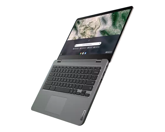 Lenovo 14e Chromebook Gen 2 (14” AMD), front right angle view, open 180 degrees