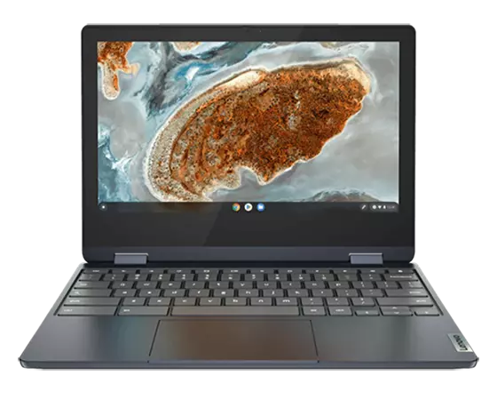 IdeaPad Flex 3 Chromebook Gen 6 (11'' MTK) laptop mode open, screen on, front facing, Abyss Blue
