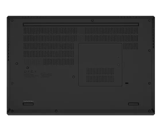 Unterseite des Lenovo ThinkPad P15 Gen 2 Notebooks in Black mit Lüftungsschlitzen und Gummifüßen.