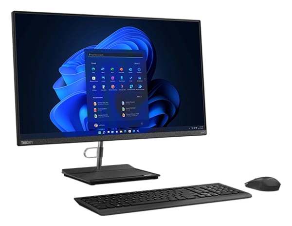 Lenovo ThinkCentre Neo 30a All-in-One-Desktop-PC, Ansicht von der Seite mit Blick auf das 68,6 cm (27'') Display und den platzsparenden Standfuß, mit Tastatur und Maus (beides separat erhältlich)