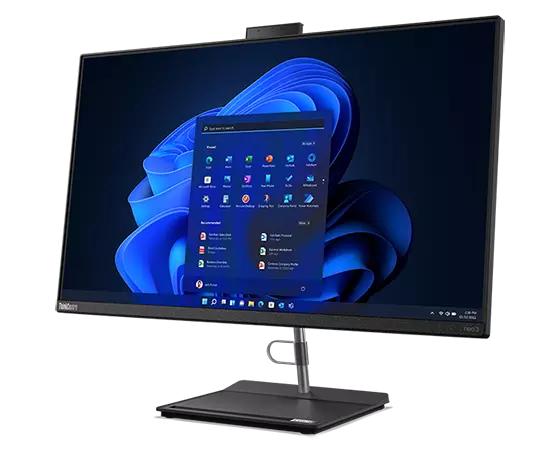 Right-side view of Lenovo ThinkCentre Neo 30a all-in-one desktop PC, showing 27" display with Windows 11 & space-saving stand