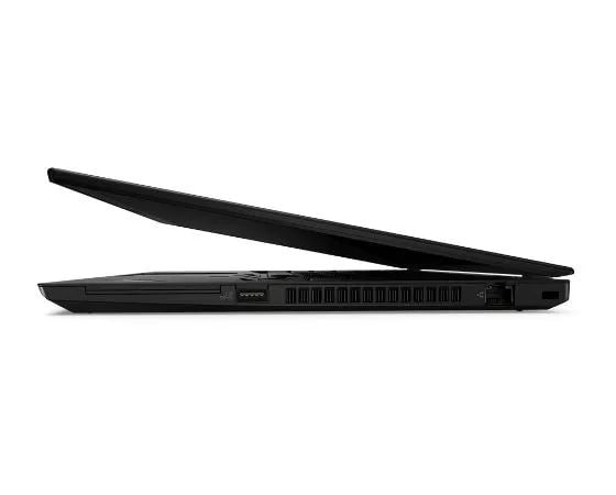 Vue de profil des ports du côté droit de l’ordinateur portable Lenovo ThinkPad T14 Gen 2 35,56 cm (14'') AMD ouvert à environ 10 degrés.