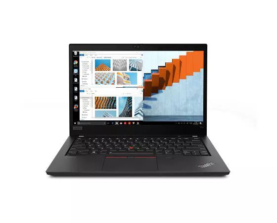 Front-facing Lenovo ThinkPad T14 Gen 2 (14'' AMD) laptop open 90 degrees, showing keyboard, TrackPad, and display.