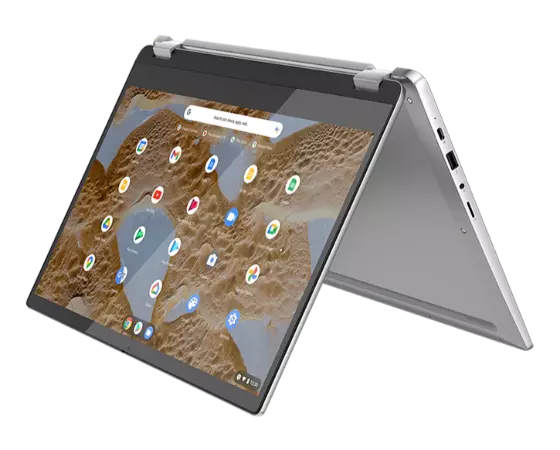 IdeaPad Flex 3i Chromebook in Arctic Grey in Tent Mode Facing Left.