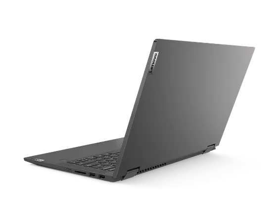 IDEAPAD FLEX 5 (15″ AMD) GRAPHITE GREY IN LAPTOP MODE, REAR FACING, RIGHT SIDE VIEW.