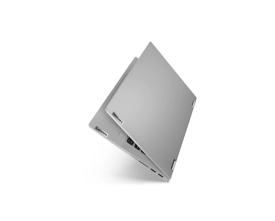 IDEAPAD FLEX 5 (15″ AMD) PLATINUM GREY IN LAPTOP MODE, SLIGHTLY CLOSED, RIGHT SIDE VIEW.