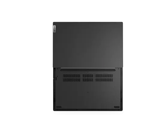 Portátil Lenovo V15 de 2.ª generación (15'', Intel): vista posterior/inferior, en posición horizontal con la tapa abierta por completo