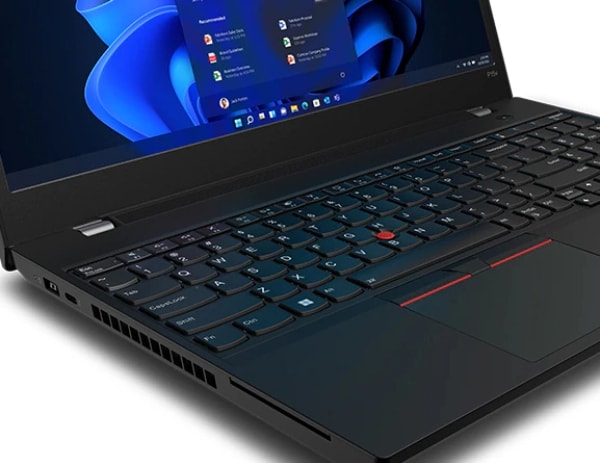 Close up of left side of ThinkPad P15v Gen 3 (15″ Intel) mobile workstation, opened 90 degrees, showing parts of keyboard & display with Windows 11.