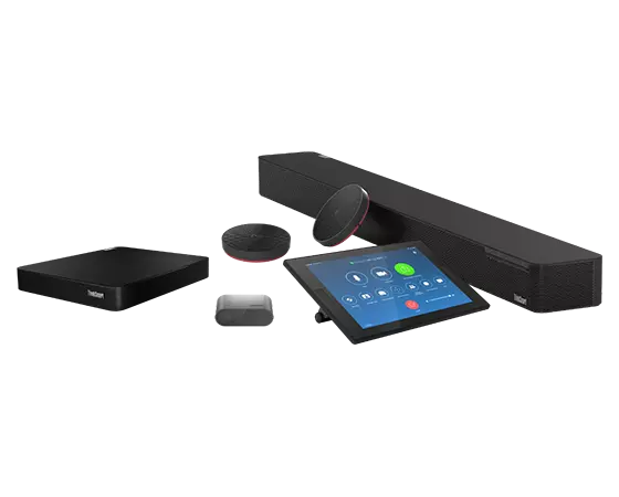 Lenovo ThinkSmart Core Full Room Kit for Zoom, clockwise: Core computing device, two optional mic pods, Bar, Controller display, and Cam.