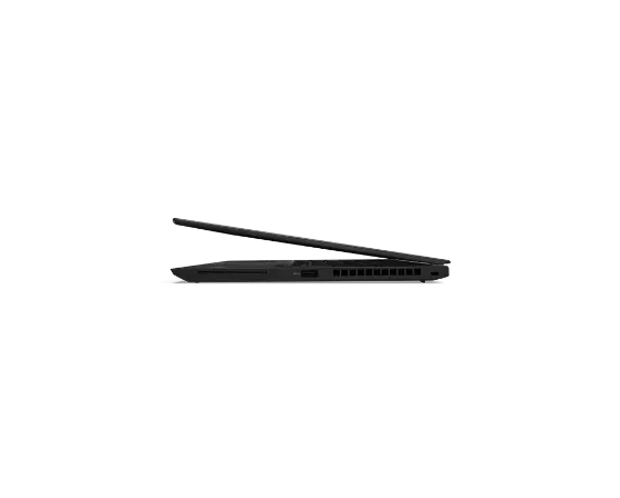 Profil de l’ordinateur portable Lenovo ThinkPad T14s Gen 2 Black ouvert à environ 10 degrés montrant les ports du côté droit.