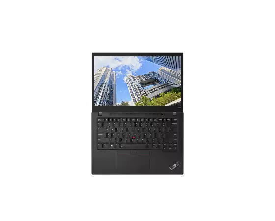 Overhead shot of Lenovo ThinkPad T14s Gen 2 laptop open 180 degrees showing display and keyboard in Black.