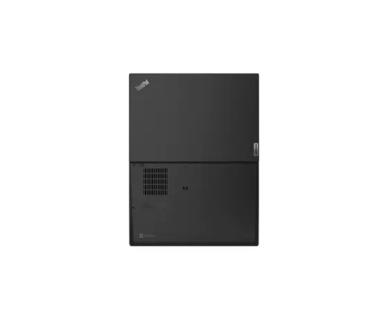 Vue de dessus du portable Lenovo ThinkPad T14s Gen 2 Black ouvert à 180 degrés montant les capots supérieur et inférieur.
