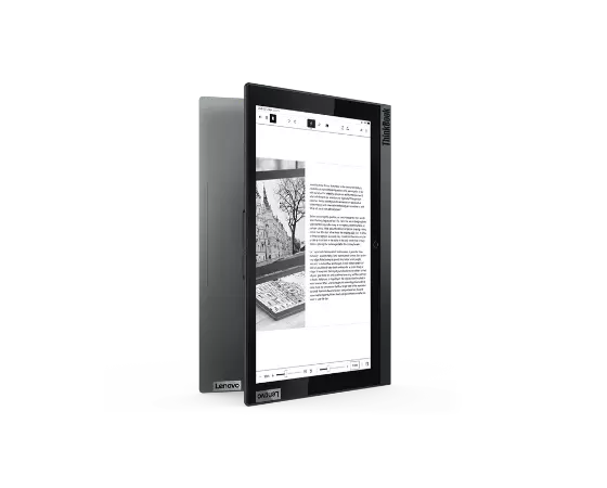 Portable professionnel à double écran Lenovo ThinkBook Plus Gen 2 (Intel) posé sur la tranche en mode liseuse