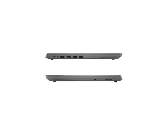 Kaksi Lenovo V15 ‑kannettavaa – pinossa, vasemmalta ja oikealta sivulta kuvattuna