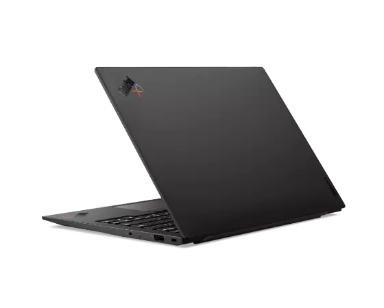 Rear view of Carbon-Fiber Weave finish on the Lenovo ThinkPad X1 Carbon Gen 9 laptop open about 70 degrees.