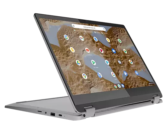 IdeaPad Flex 3i Chromebook in Arctic Grey in Stand Mode, facing right