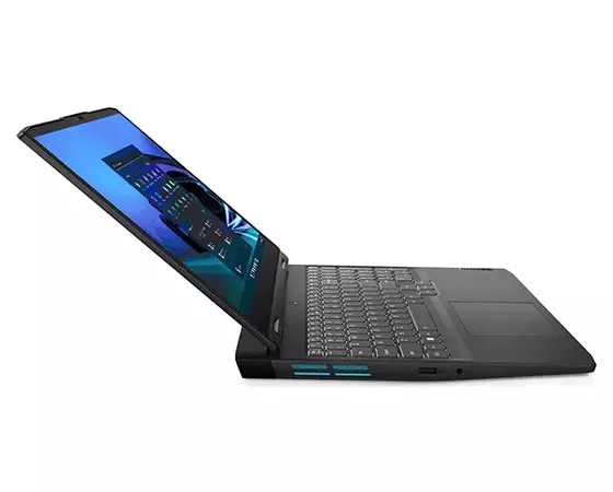 IdeaPad Gaming 3i Gen 7 facing right, laying flat, opened with Windows 11 on screen