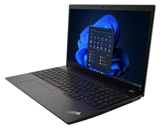 Left side view of Lenovo ThinkPad L15 Gen 3 (15” AMD), opened, showing display, keyboard, and ports