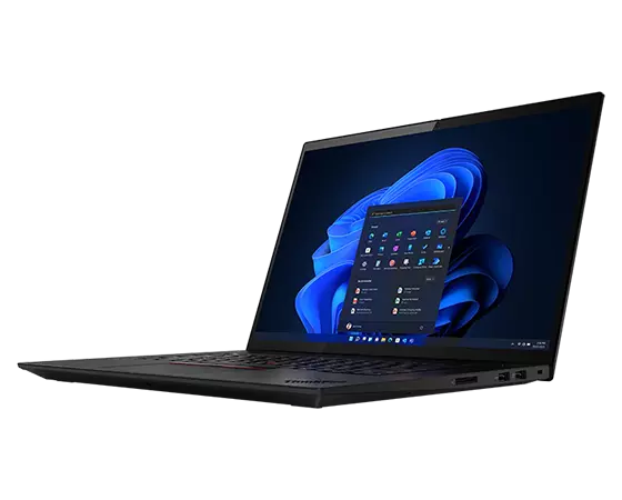Left-side view of ThinkPad X1 Extreme Gen 5 (16” Intel) laptop, opened, 90 degrees, showing display and laptop