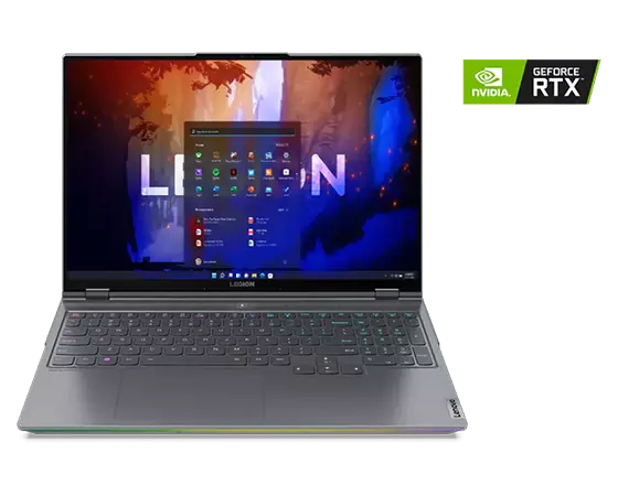Ansicht aus der Vogelperspektive des Lenovo Legion 5i Pro Gen 7 (16'' Intel) Gaming-Notebooks, geöffnet, mit Tastatur und Display