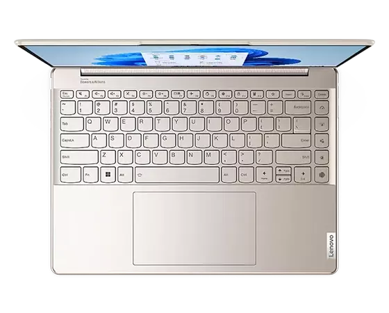 Yoga 9i Gen 7 in Oatmeal color, in laptop mode, view from above of keyboard
